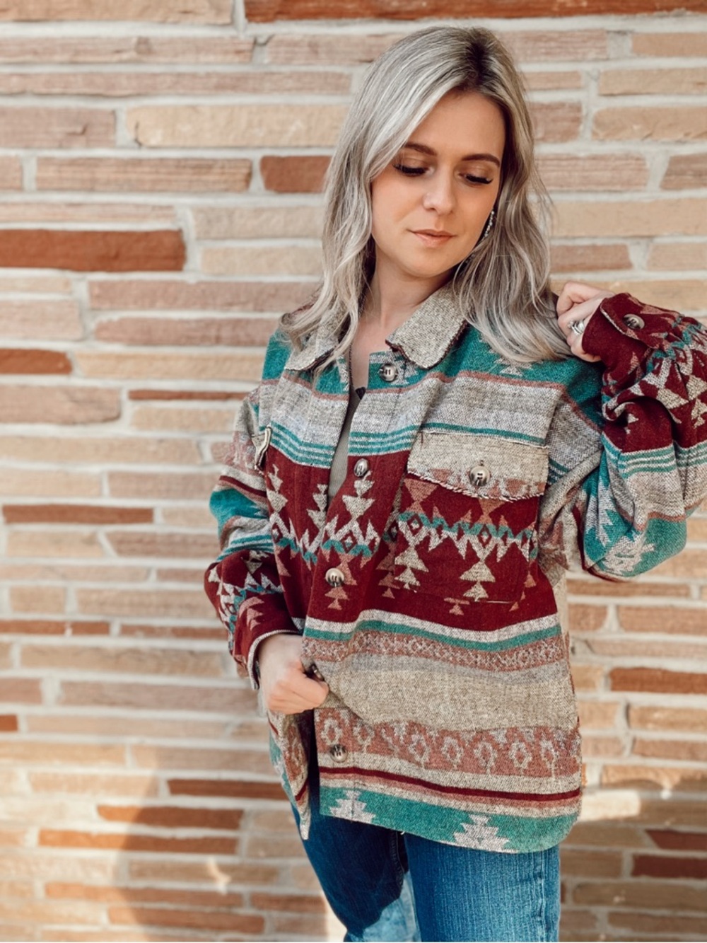 Women's Multi-Color Aztec Button-Up Shacket - Picture 3 of 3